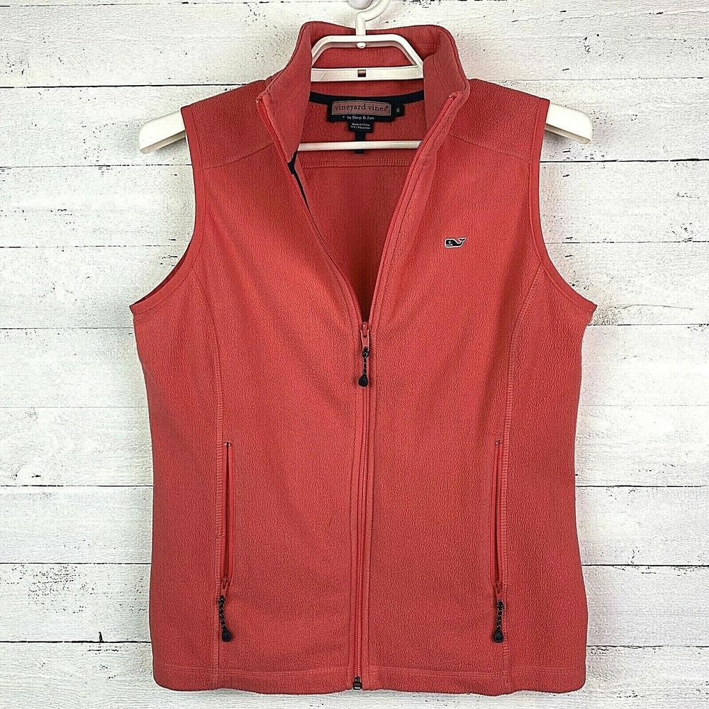 Vineyard Vines Womens Fleece Vest‎ Small Pink Whale Logo Side Zip Pockets